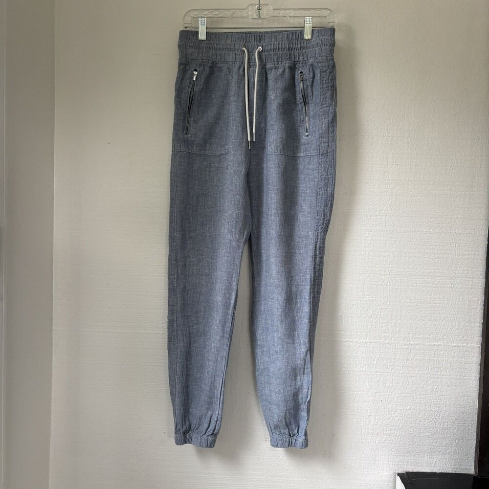 Athleta Size 4 Blue 100% Linen Jogger Pants Elastic Waist Drawstring Lightweight